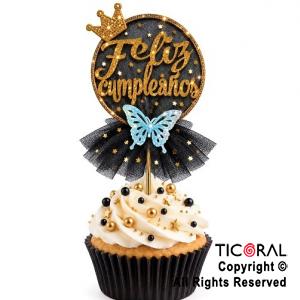 CAKE TOPPER FELIZ CUMPLEA�OS CIRCULO ORO CON TUL NEGRO